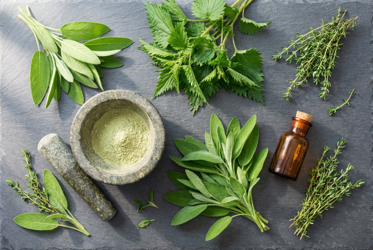 Overhead botanical preparation with mortar and herbs