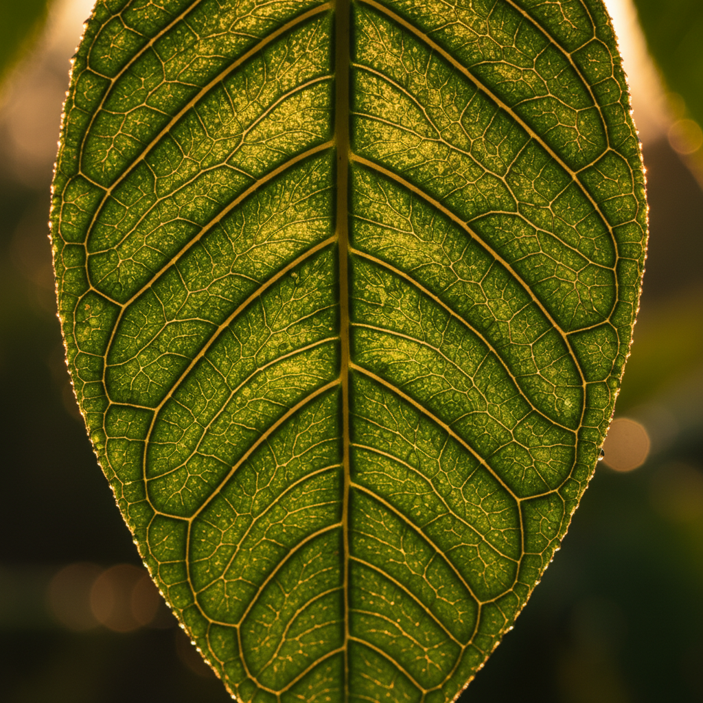 Backlit leaf showing cellular vein structure