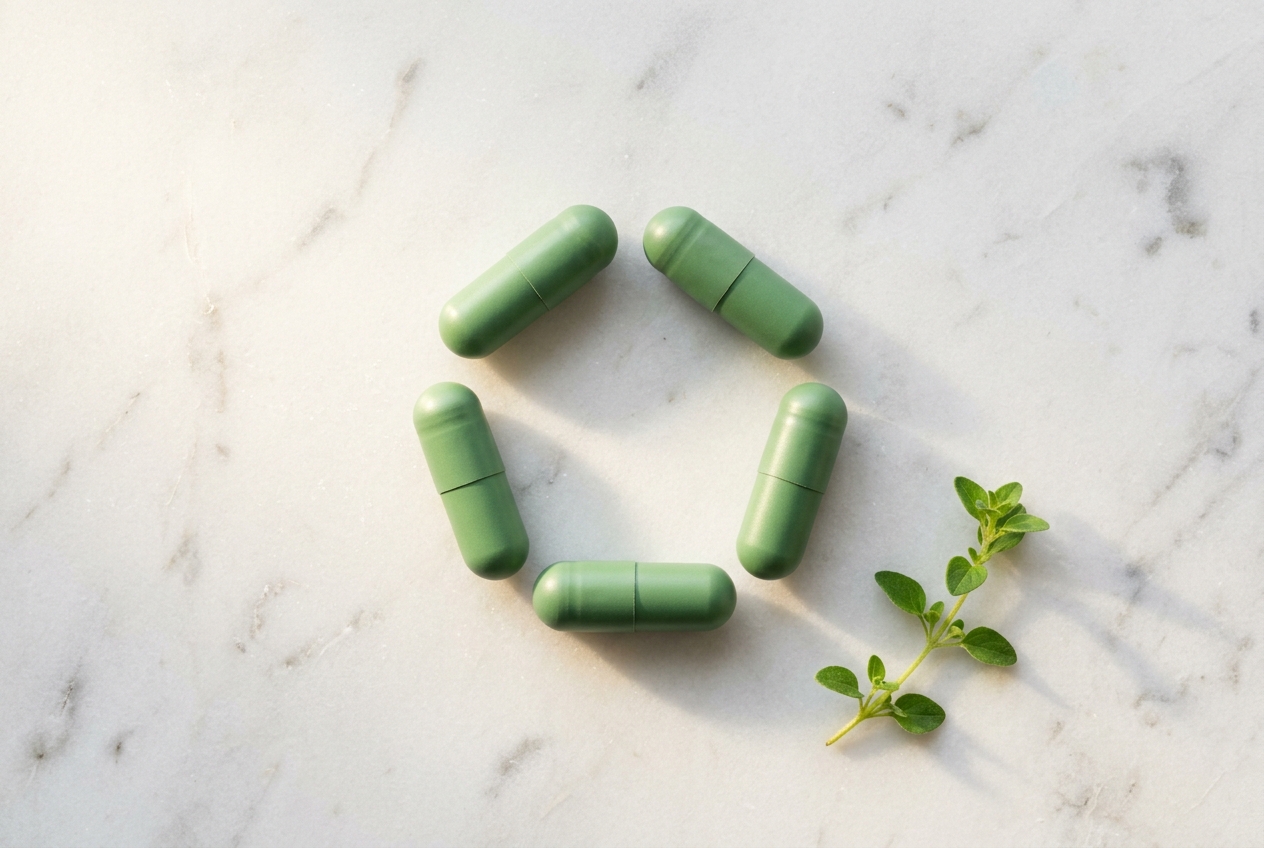 Green capsules arranged on white marble with herb sprig