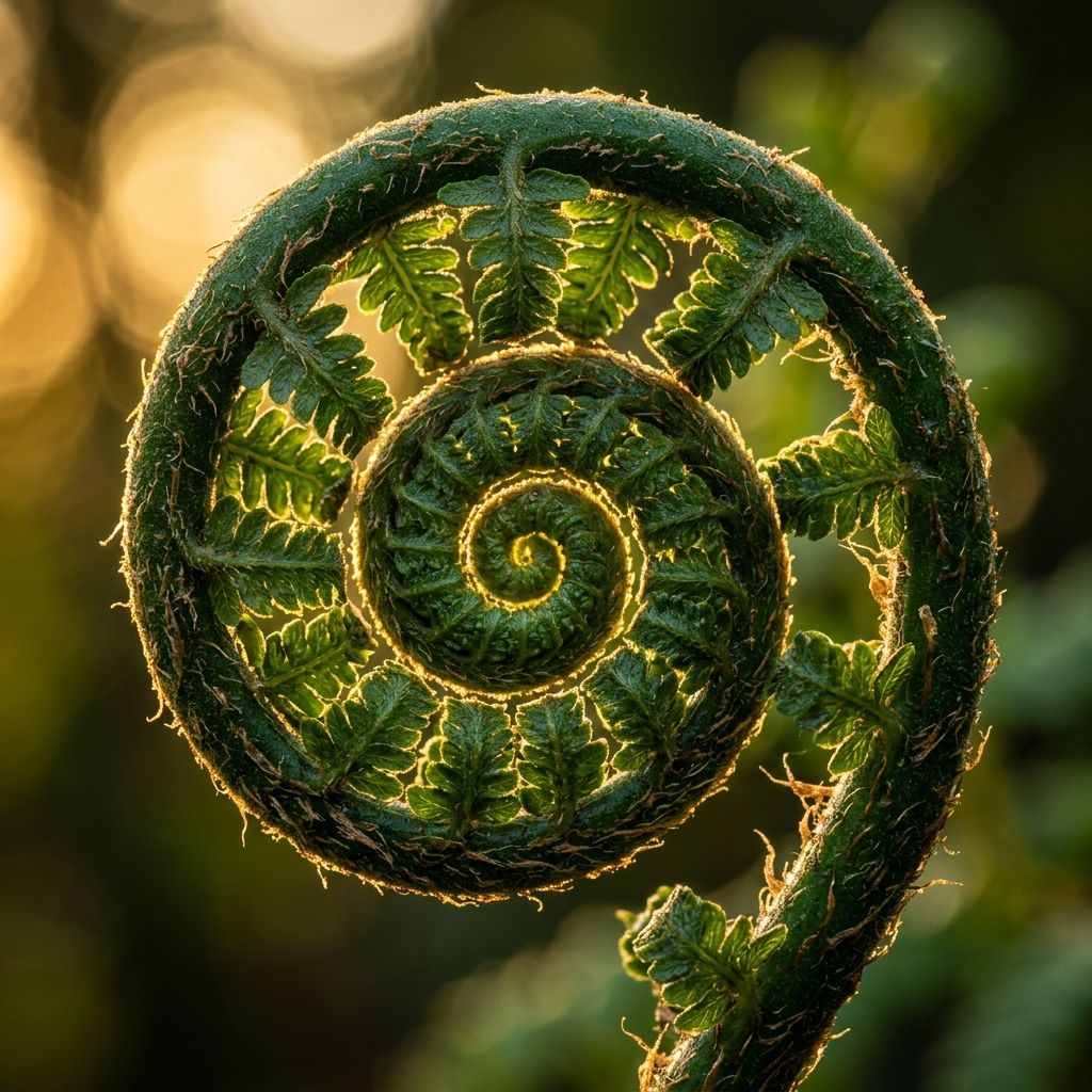Fibonacci spiral in unfurling fern fiddlehead