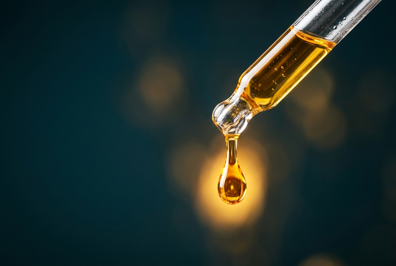 Glass dropper with golden tincture drop on teal background
