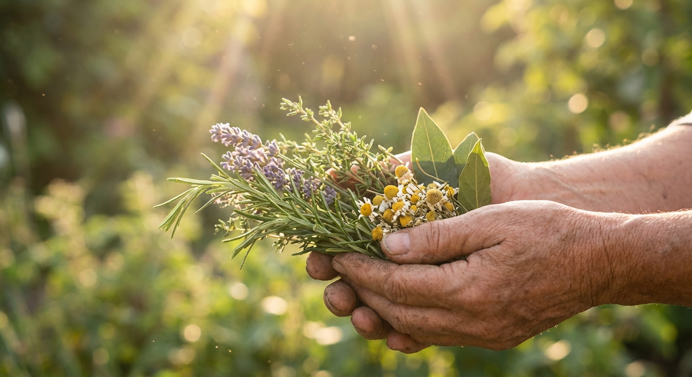 Hands holding fresh herbs in sunlight