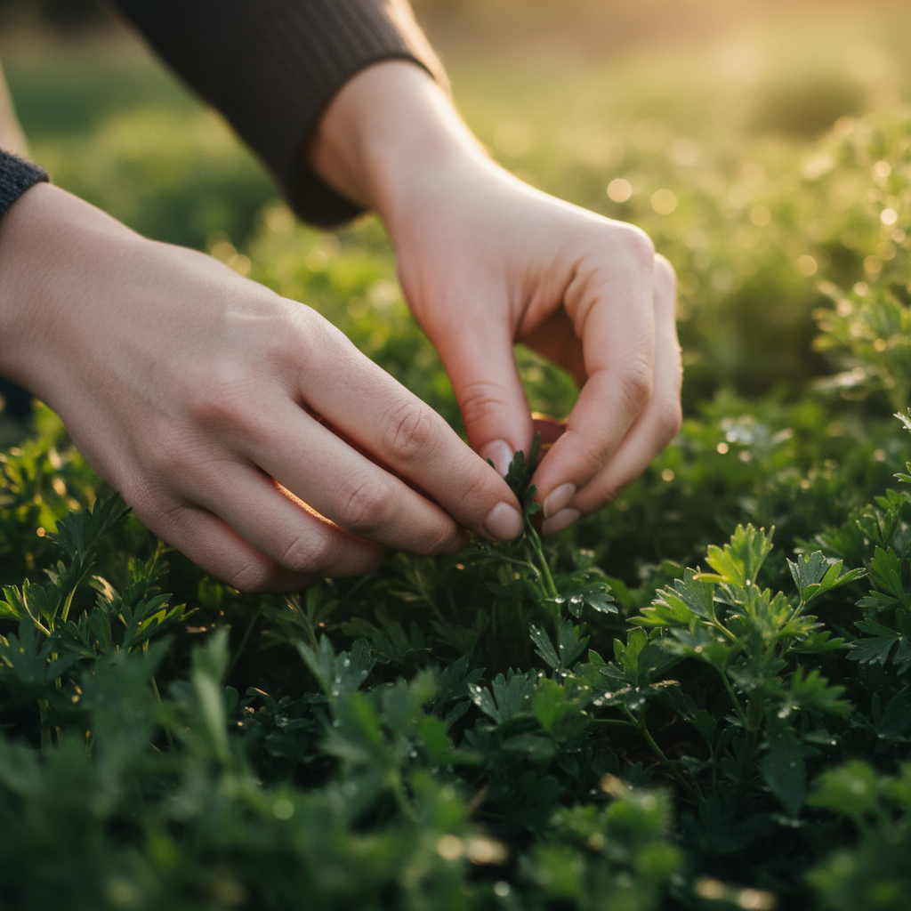 Hands picking herbs in garden