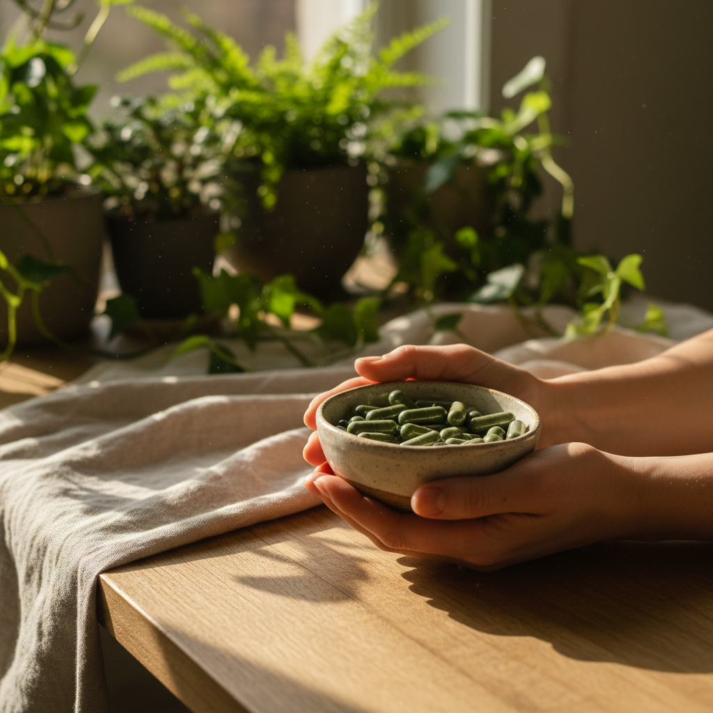 Hands holding bowl of green capsules