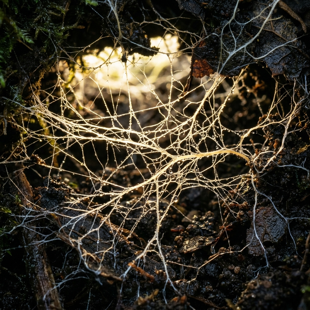 Glowing mycelium network threads on dark soil