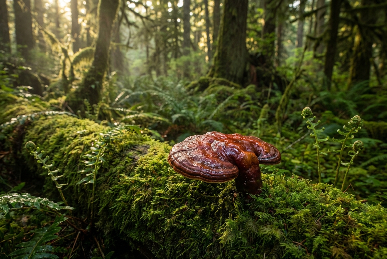 Reishi mushroom on mossy forest log