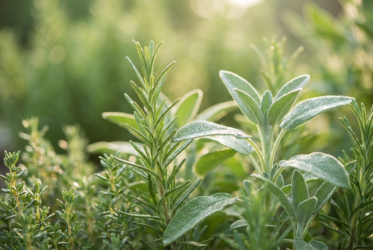 Spring herbs with golden hour backlight